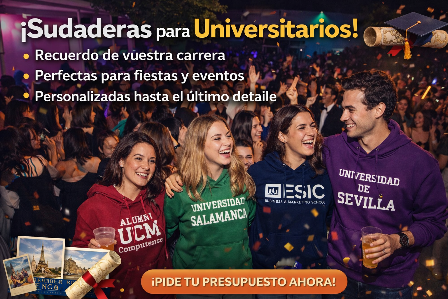 Sudaderas para universidades privadas Diseños cuidados para promociones universitarias, facultades, colegios mayores y grupos que buscan una imagen más premium.